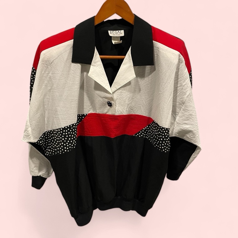 Ultimate 80’s funky geometric polo top banded bottom polka dot